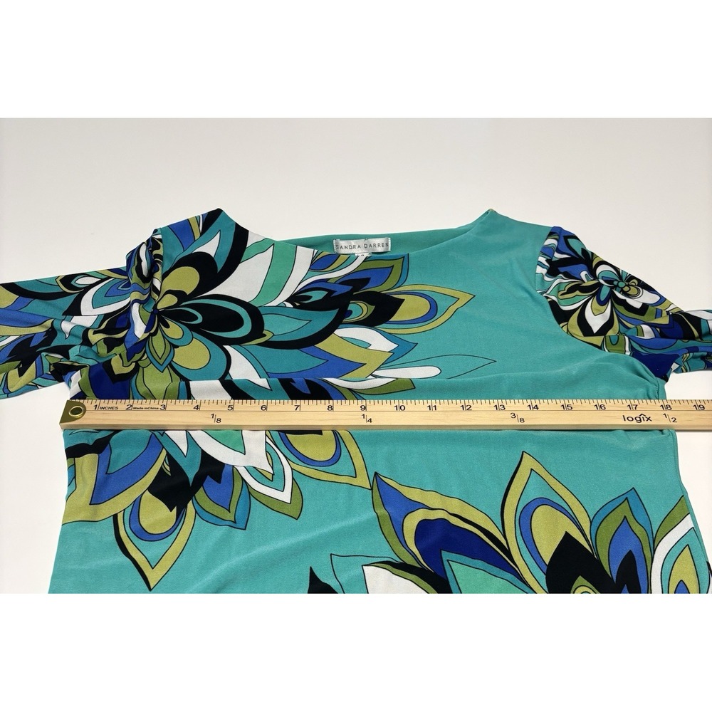 Sandra Darren Size 8 Teal Floral Medallion Sheath Dress Elbow Sleeve - Picture 8 of 11